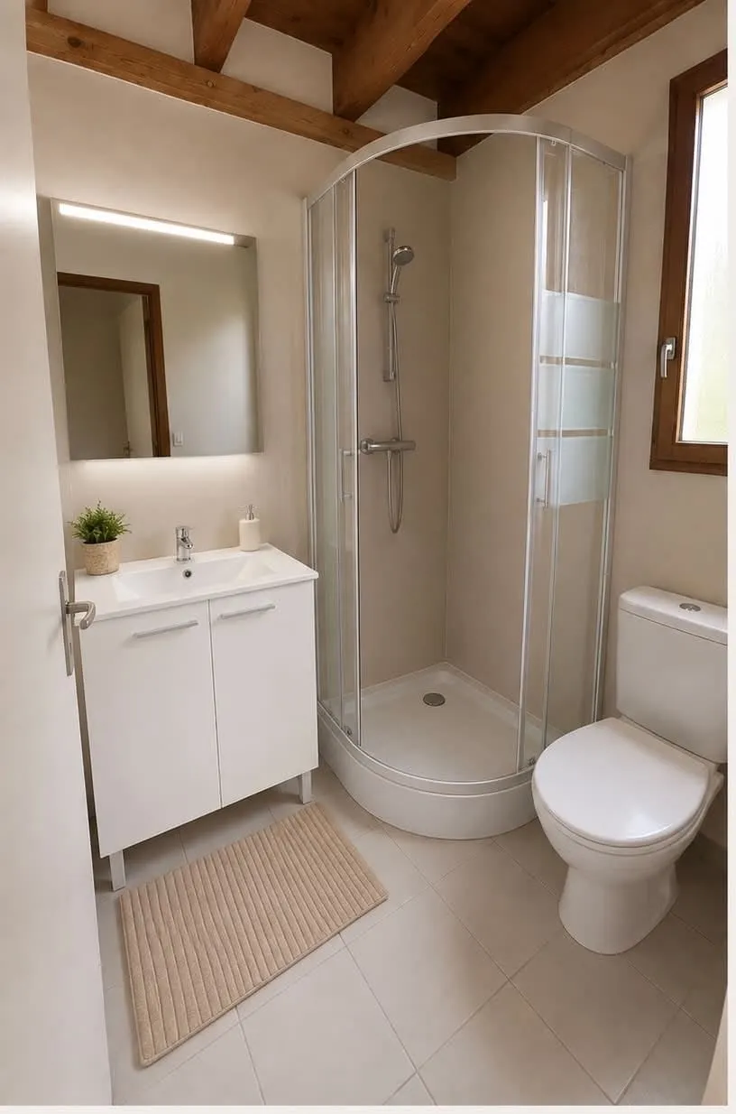 Visuel de la salle de bain rénovée : douche d’angle vitrée, meuble vasque blanc, WC blanc, murs clairs et poutres conservées