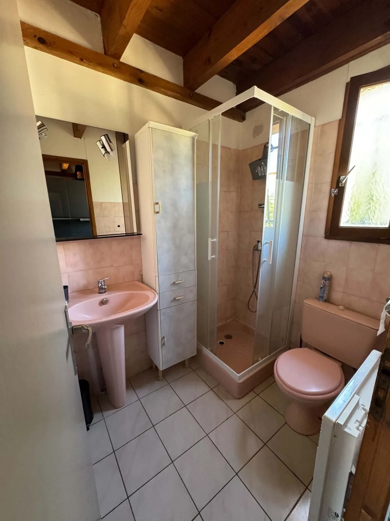 Salle de bain avant travaux : lavabo, WC et receveur de douche roses, faïence rose, colonne de rangement, poutres apparentes